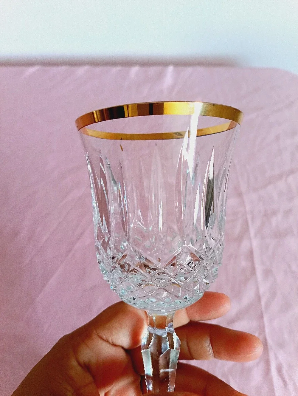 Wedgwood Crystal Wine Glass Gold Rim Diamond Cut Pattern Starburst Base